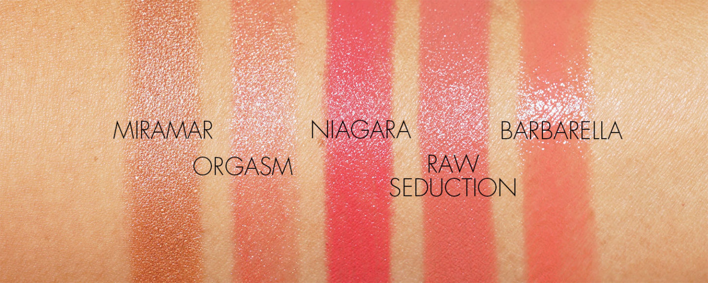 Échantillons de rouge à lèvres NARS Miramar, Orgasm, Niagara, Raw Seduction, Barbarella