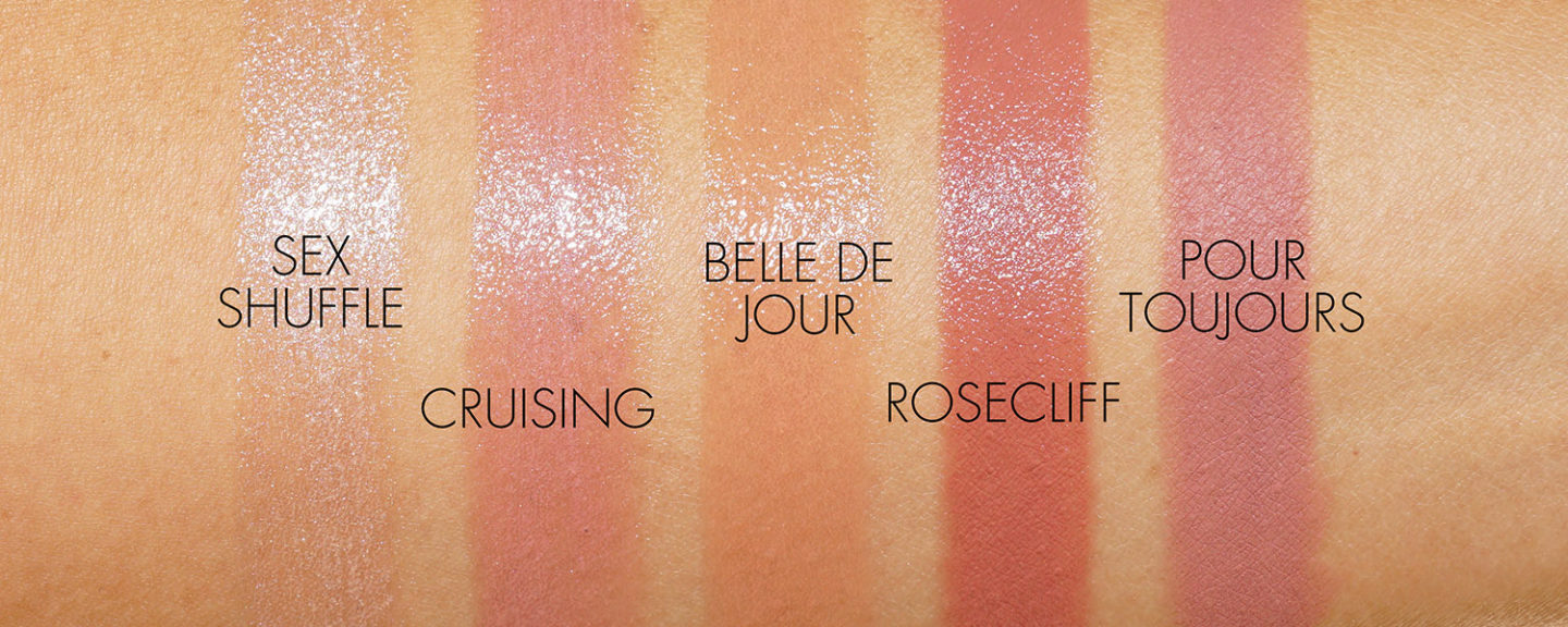 NARS swatches Lipstick Sex Shuffle, Croisière, Belle de Jour, Rosecliff, PourToujours