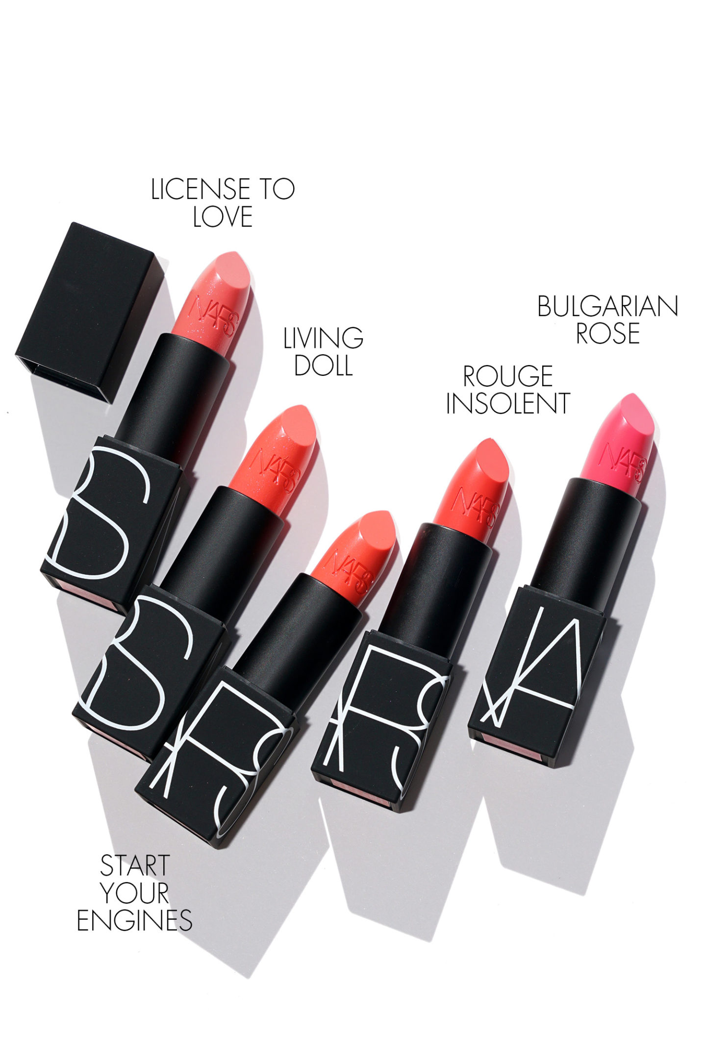 Licence de rouge à lèvres NARS à aimer, Living Doll, Démarrez vos moteurs, Rouge Insolent, Bulgare Rose