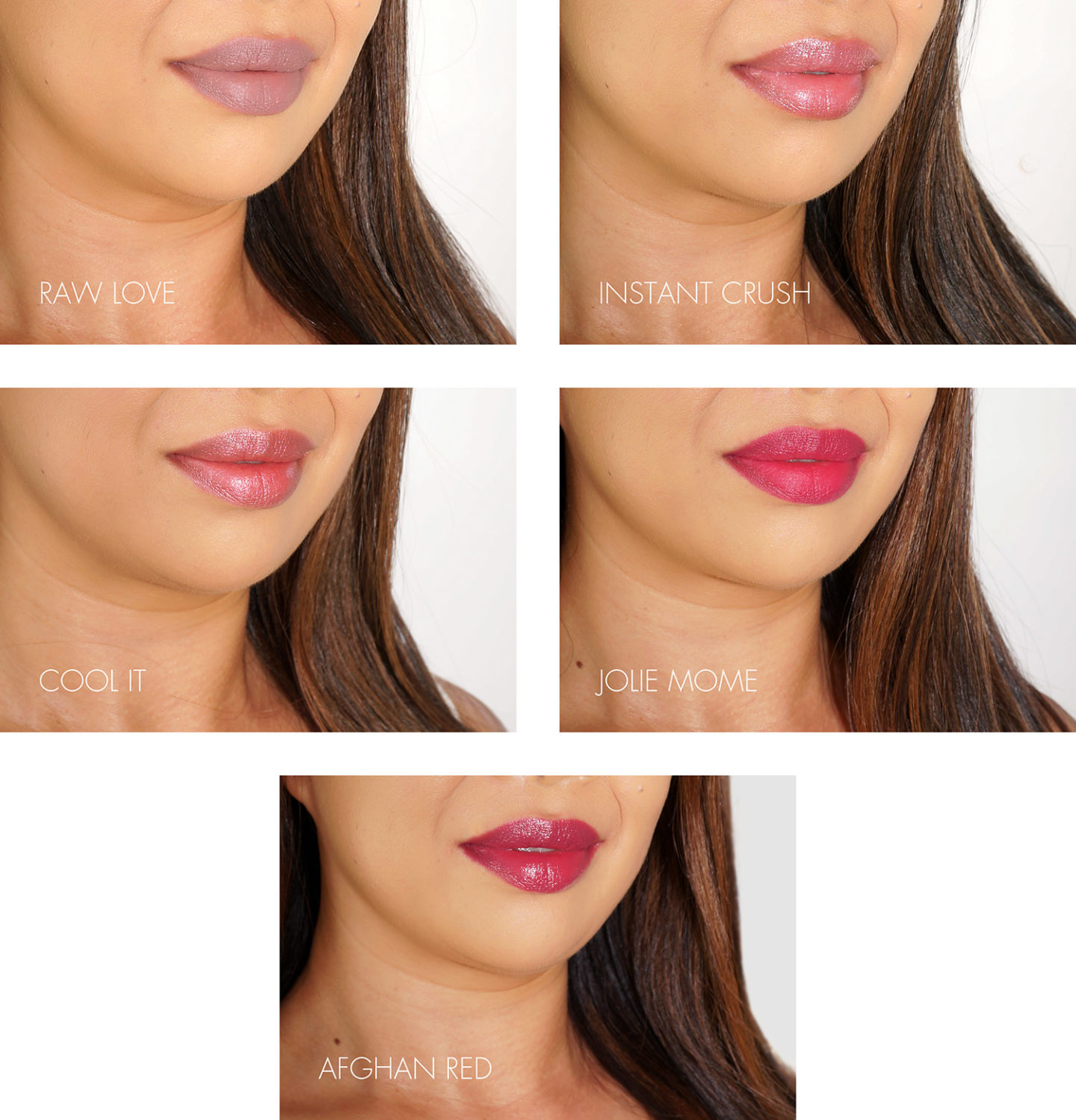 NARS Lipstick Swatches Raw Love, Instantané, Cool It, Jolie Mome, Rouge Afghan