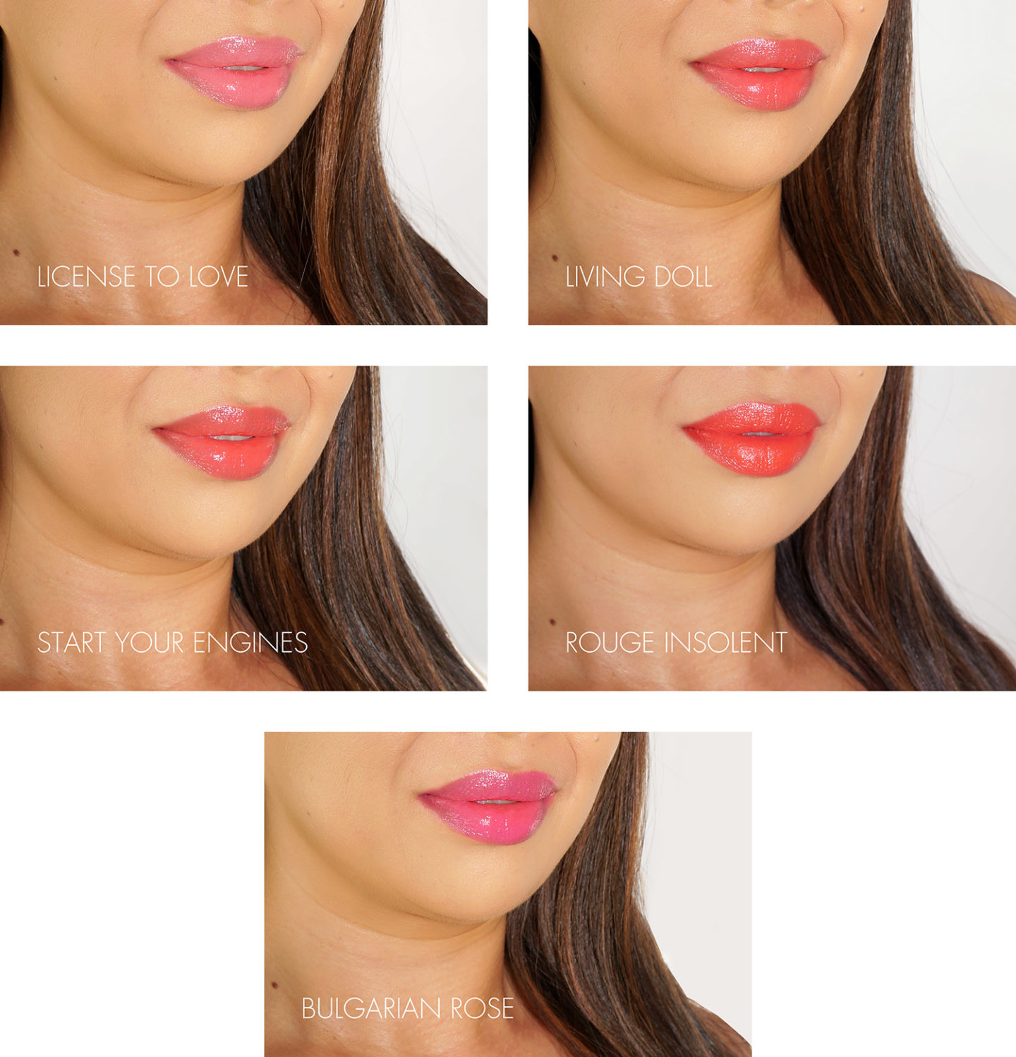 NARS Lipstick Swatches License to Love, Poupée vivante, Démarrez vos moteurs, Rouge Insolent, Rose bulgare