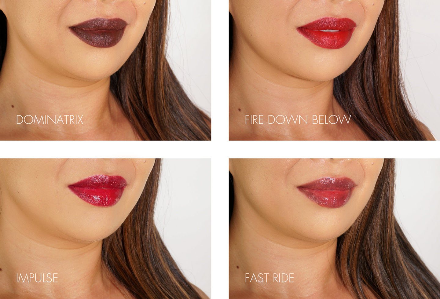 NARS Lipstick Swatches Dominatrix, Fire Down, Impulse, Fast Ride