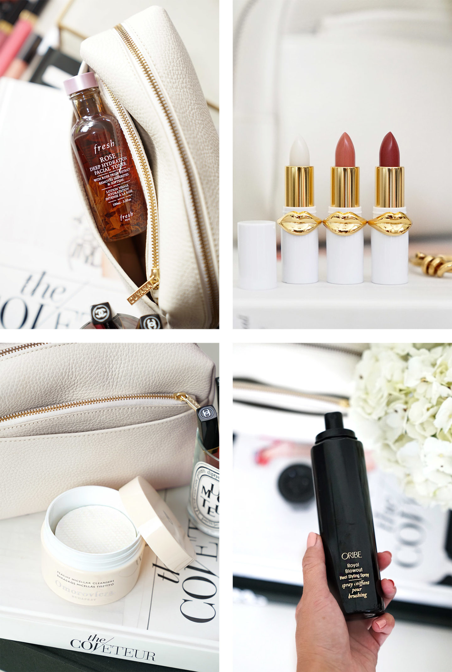 Tonique frais d'hydratation en profondeur Rose, mini trio de baume Pat McGrath, nettoyant micellaire à la pêche Omorovicza, vaporisateur à vaporiser Oribe Royal