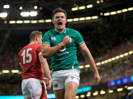 Jacob Stockdale se prépare à l'attente de l'Irlande face au Pays de Galles en deuxième demie lors des préparatifs de la Coupe du monde