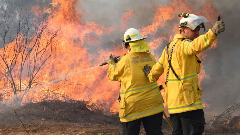 Des pompiers des sapeurs-pompiers ruraux de Nouvelle-Galles du Sud luttent contre des incendies sur la route Long Gully dans la ville de Drake, au nord de la Nouvelle-Galles du Sud, en Australie, le 9 septembre 2019