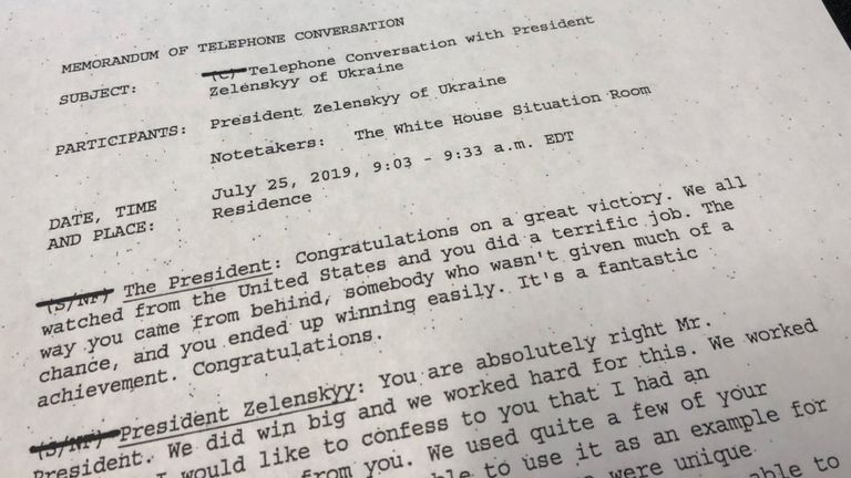 La première page d’un mémorandum de la Maison Blanche décrivant l’appel du président Trump avec le président ukrainien Volodymyr Zelenskiy