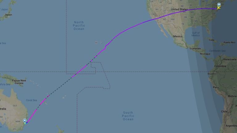La trajectoire de vol du vol direct le plus long du monde. Pic: radar de vol