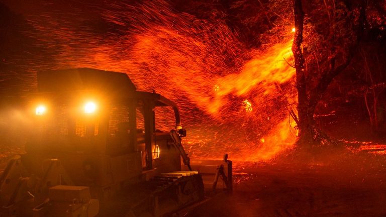 Les braises s'envolent d'un arbre alors qu'un bulldozer se préparait à combattre le feu près de Geyserville