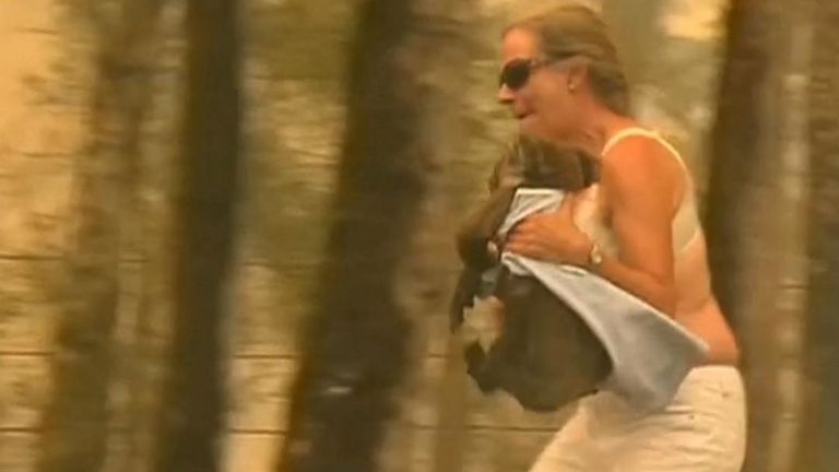 Une femme sauve un koala gravement brûlé et gémissant d'un feu de brousse australien.
