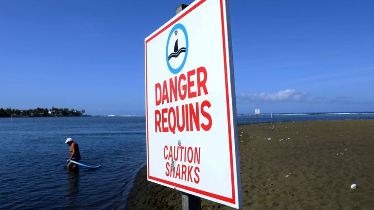 Un homme entre dans l'eau à côté d'un panneau avertissant du danger d'attaques de requins sur la plage de l'Etang-Sale, sur l'île de La Réunion, dans l'océan Indien, le 1er mars 2019