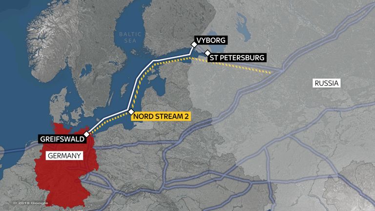Une carte montrant l'itinéraire du Nord Stream 2