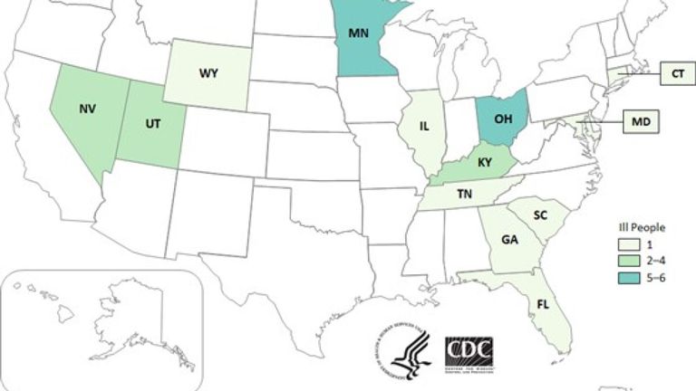 Une carte montre les cas record des infections liées aux chiots des animaleries. Pic: Centres de contrôle et de prévention des maladies