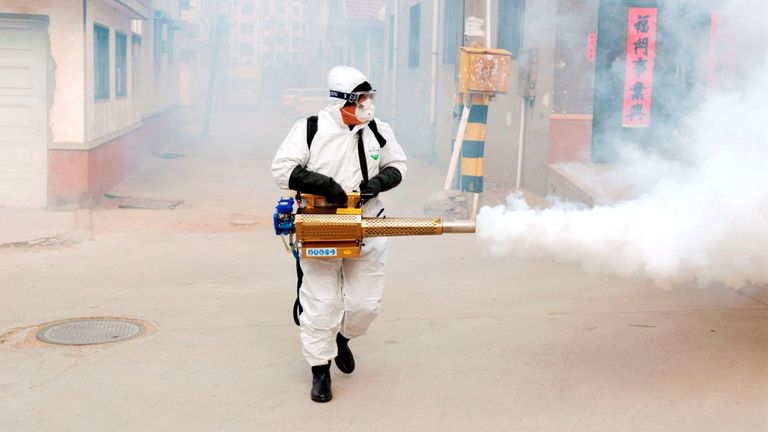 Un travailleur en tenue de protection désinfecte le village de Dongxinzhuang dans la province du Shandong