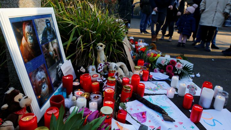 Les gens rendent hommage à l'extérieur du zoo de Krefeld après la mort de plus de 30 animaux