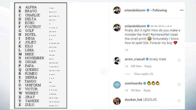 Bloom a également partagé une photo de l'alphabet en code Morse. Photo: Orlando Bloom / Instagram