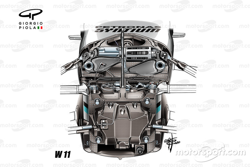 Détail de la suspension avant de la Mercedes AMG F1 W11
