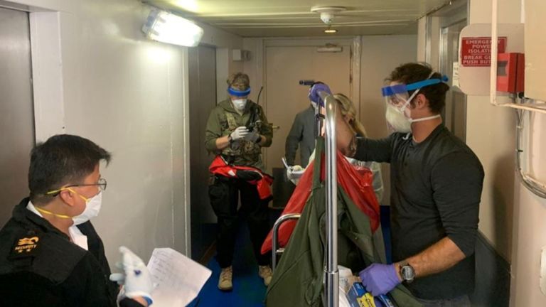 Le personnel médical Guardian Angels avec la 129e Escadre de sauvetage, aux côtés d'individus du CDC, portent un équipement de protection individuelle complet alors qu'ils se préparent à tester les voyageurs sur le bateau de croisière Grand Princess pour le coronavirus actuellement au large des côtes de la Californie, aux États-Unis, dans cette photo de photographie obtenue en mars 5, 2020. California National Guard / Document à distribuer via REUTERS ATTENTION AUX RÉDACTEURS - CETTE IMAGE A ÉTÉ FOURNIE PAR UN TIERS.?