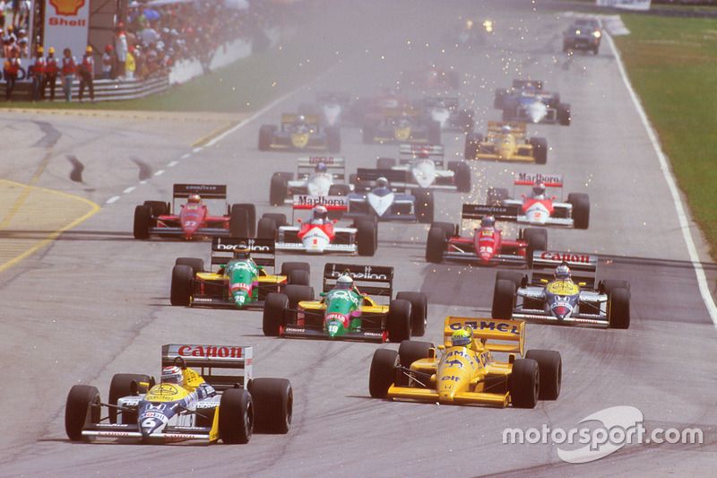 Nelson Piquet, Williams FW11B Honda, mène Ayrton Senna, Team Lotus Honda 99T, Teo Fabi, Benetton B187 Ford