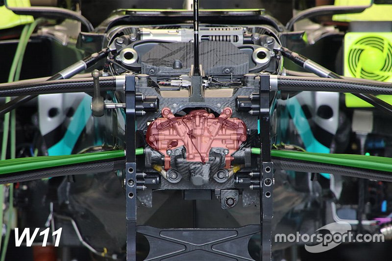 Détail de la suspension avant de la Mercedes AMG F1 W11 mise en évidence 