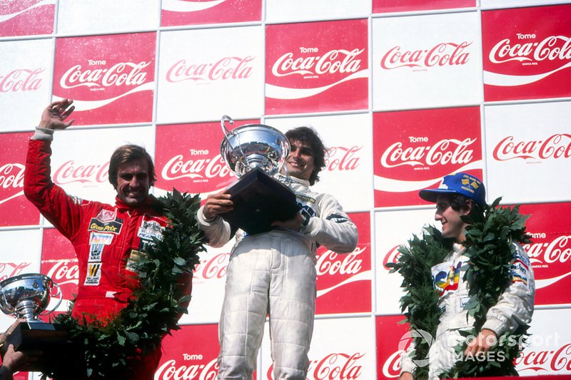 Podium: vainqueur de la course Nelson Piquet, Brabham, deuxième place Carlos Reutemann, Williams, troisième place Alain Prost, Renault