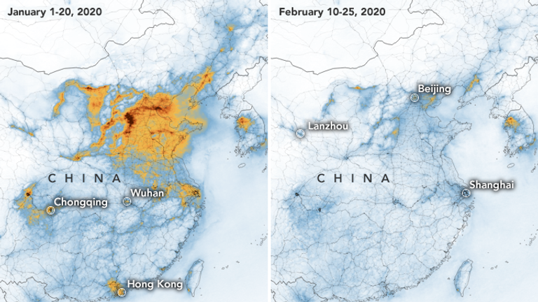 Les images satellites montrent que les niveaux de dioxyde d'azote ont chuté en Chine. Photo: NASA