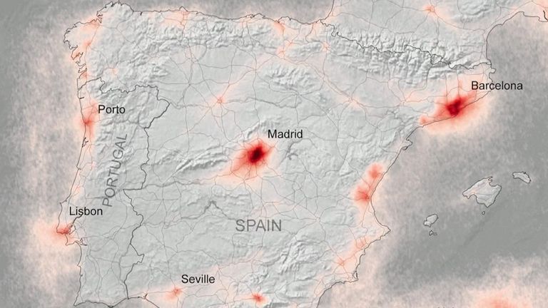 De nouvelles images satellites montrent que la pollution de l'air a diminué dans les zones urbaines à travers l'Europe pendant les fermetures pour lutter contre le coronavirus. L'Espagne plus polluée avant la pandémie