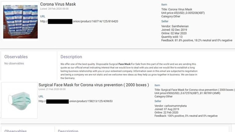Masques de coronavirus mis en vente sur le dark web. Pic: ombres numériques