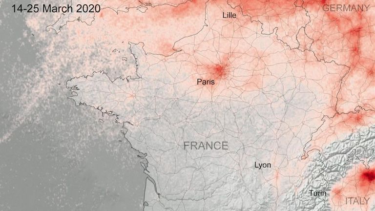De nouvelles images satellites montrent que la pollution de l'air a diminué dans les zones urbaines à travers l'Europe pendant les fermetures pour lutter contre le coronavirus. La France moins polluée