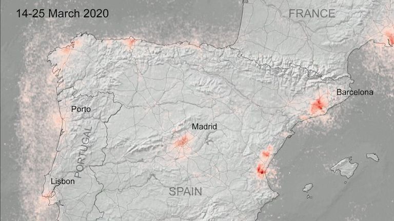 De nouvelles images satellites montrent que la pollution de l'air a diminué dans les zones urbaines à travers l'Europe pendant les fermetures pour lutter contre le coronavirus. L'Espagne moins polluée