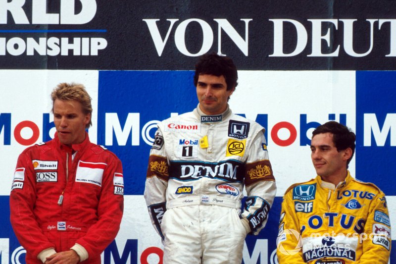 Stefan Johansson, McLaren, vainqueur de la course Nelson Piquet, Williams. Ayrton Senna, Lotus
