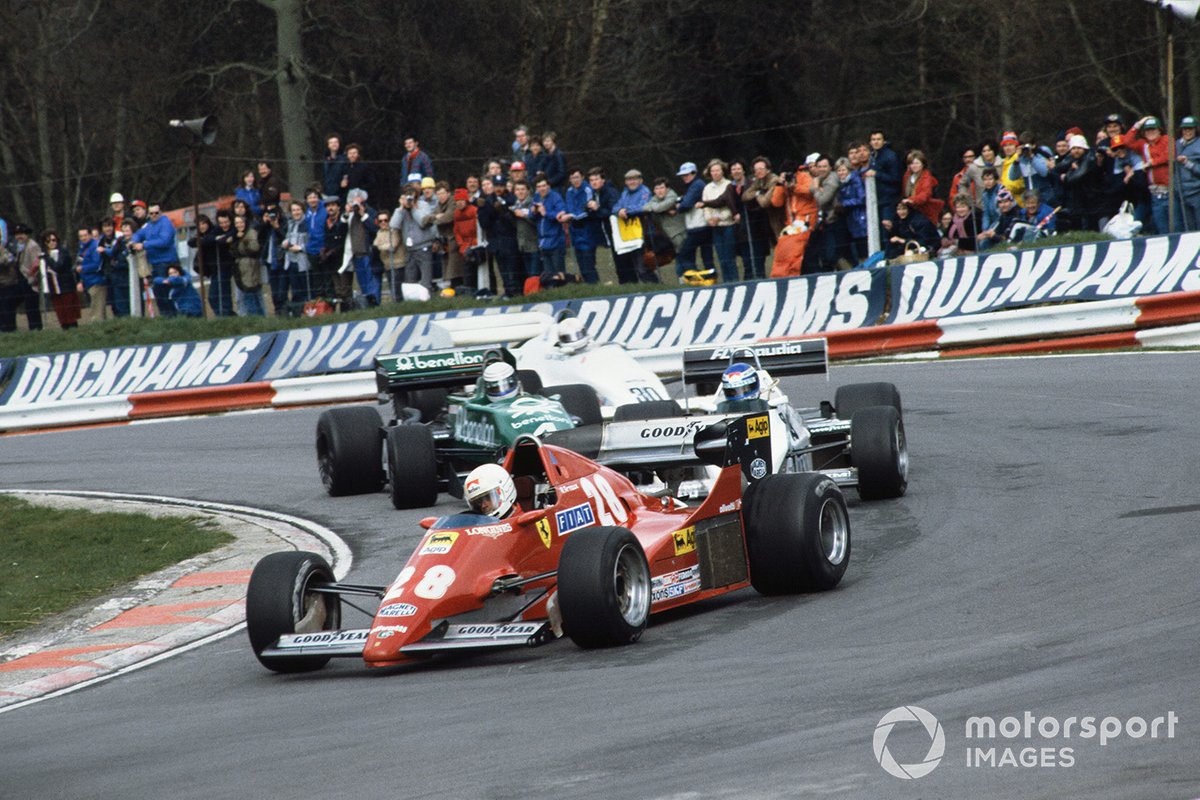René Arnoux, Ferrari 126C2B, mène Keke Rosberg, Williams FW08C-Cosworth, Danny Sullivan, Tyrrell 011-Cosworth et Alan Jones, Arrows A6-Cosworth