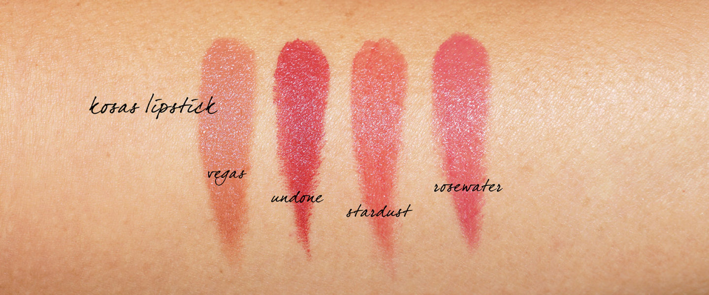 Kosas Lipstick Review Vegas, Undone, Stardust, échantillons de Rosewater