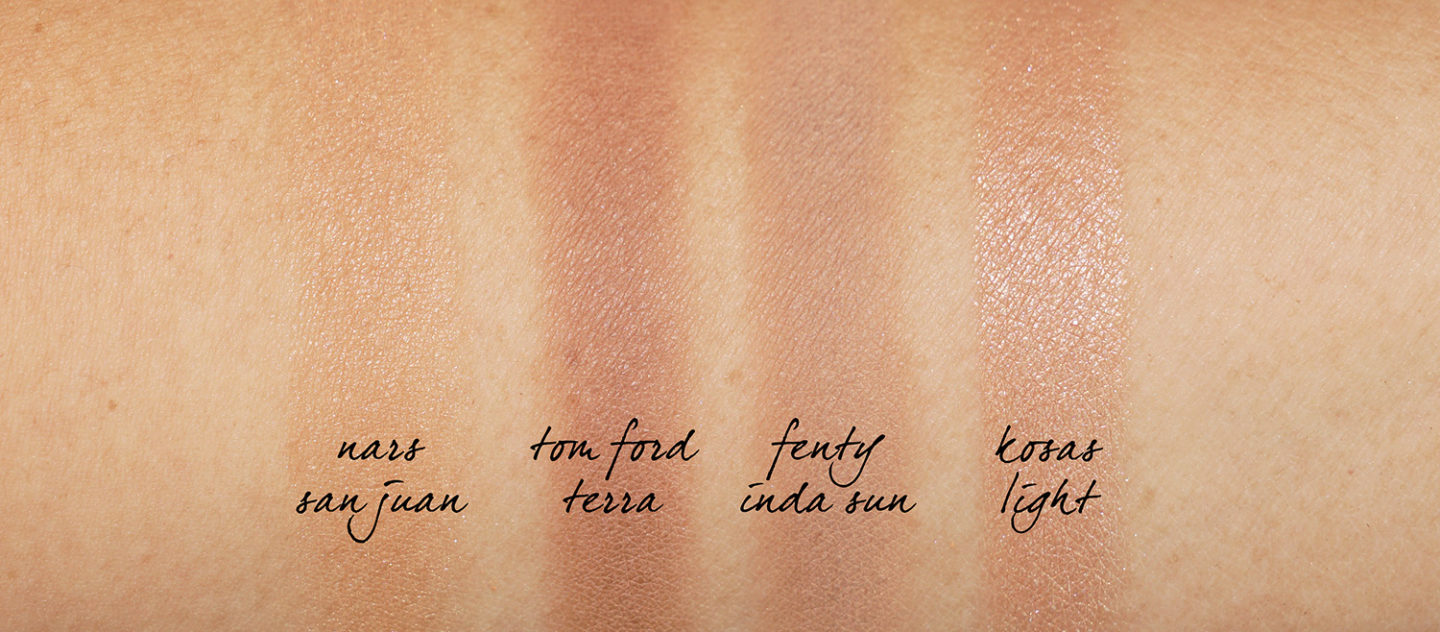 NARS San Juan, Fenty Inda Sun, Tom Ford Terra et Kosas Light