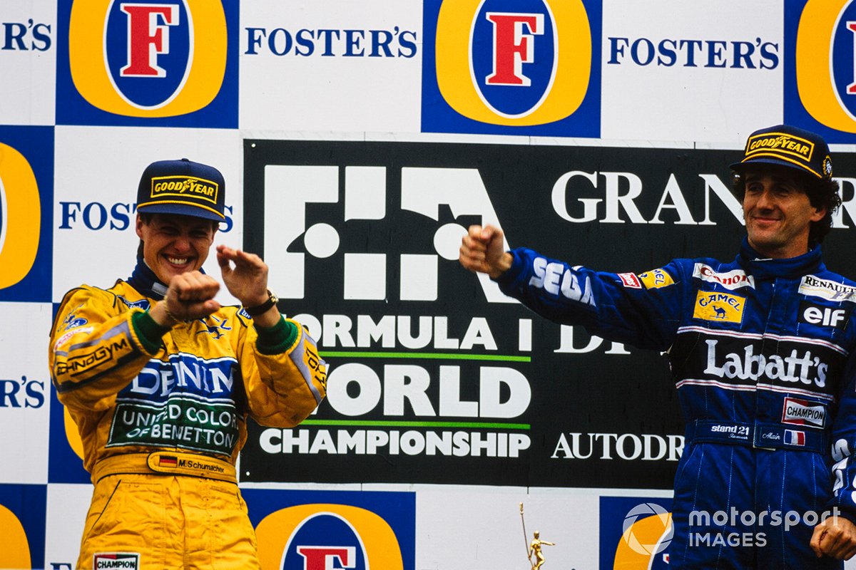 Schumacher et Prost ensemble sur le podium pour la première fois après le GP de Saint-Marin 1993.