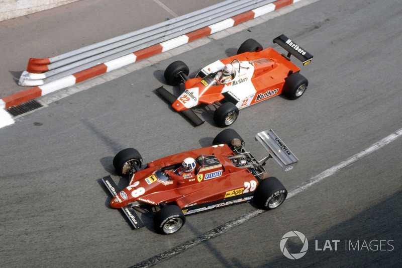 Didier Pironi, Ferrari 126C2 mène Andrea de Cesaris, Alfa Romeo 182