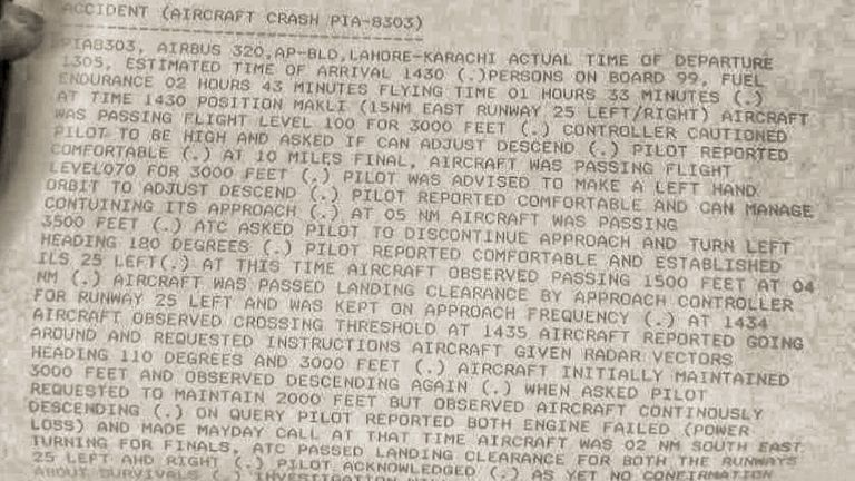 Le rapport préliminaire sur l'accident du vol 8303 de Pakistan International Airways, obtenu par Sky News 