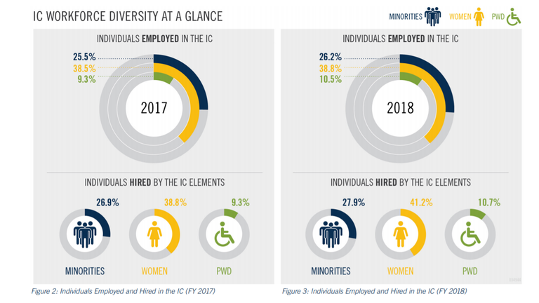 Graphiques montrant la diversité de la communauté du renseignement américain en 2018. Photo: US ODNI