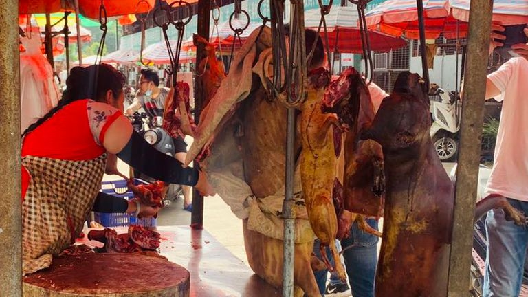 Carcasses de viande de chien accroché au marché.
Pic: Humane Society International 