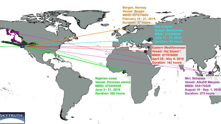 L'emplacement réel des navires qui tournent. Pic: Global Fishing Watch / Orcomm / Spire