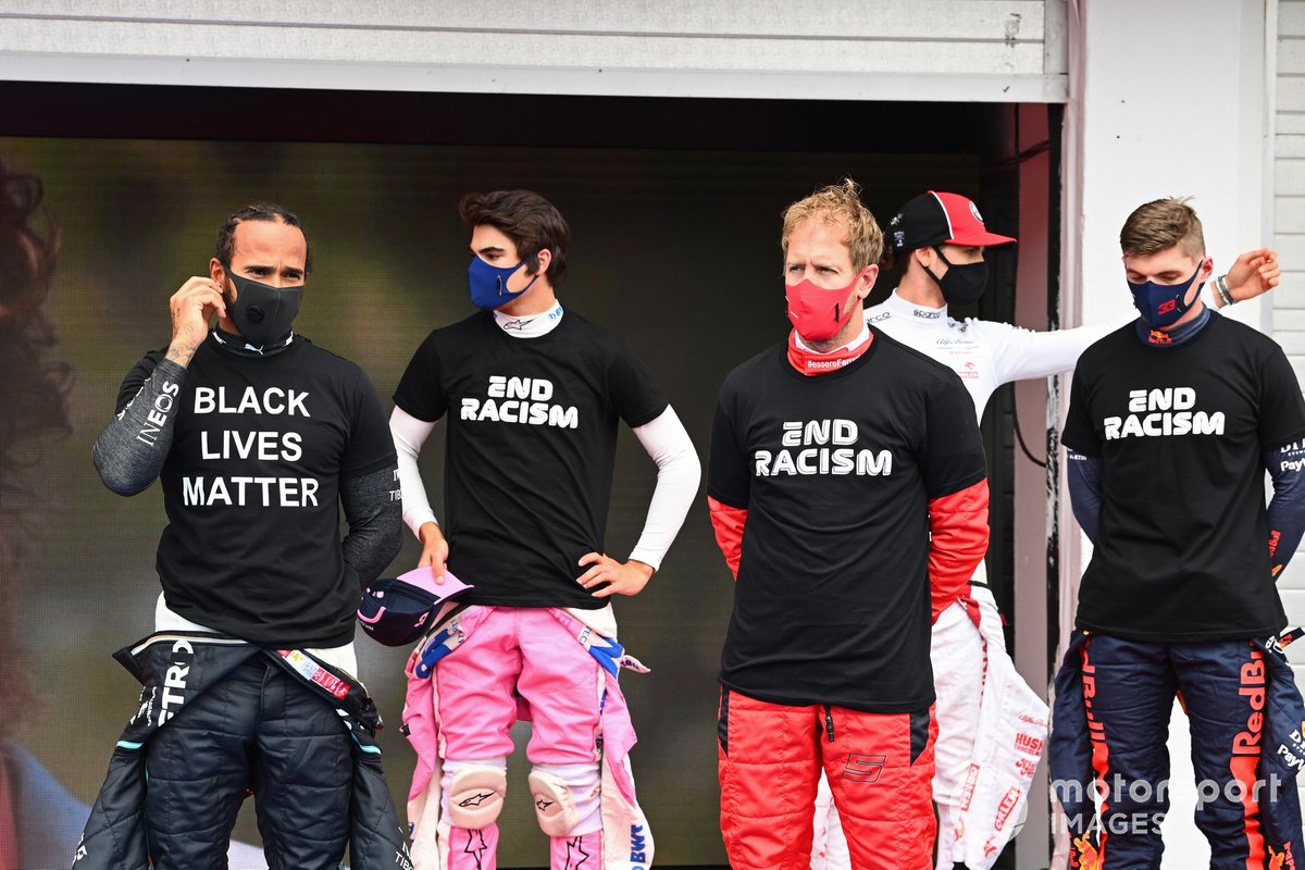 Lewis Hamilton, Mercedes-AMG Petronas F1, Lance Stroll, Racing Point, Sebastian Vettel, Ferrari et Max Verstappen, Red Bull Racing, soutiennent la campagne End Racism