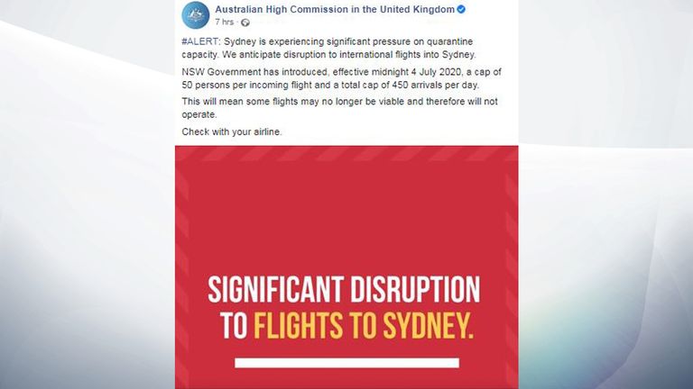 Un avertissement sur la page Facebook du Haut-commissariat d'Australie au Royaume-Uni