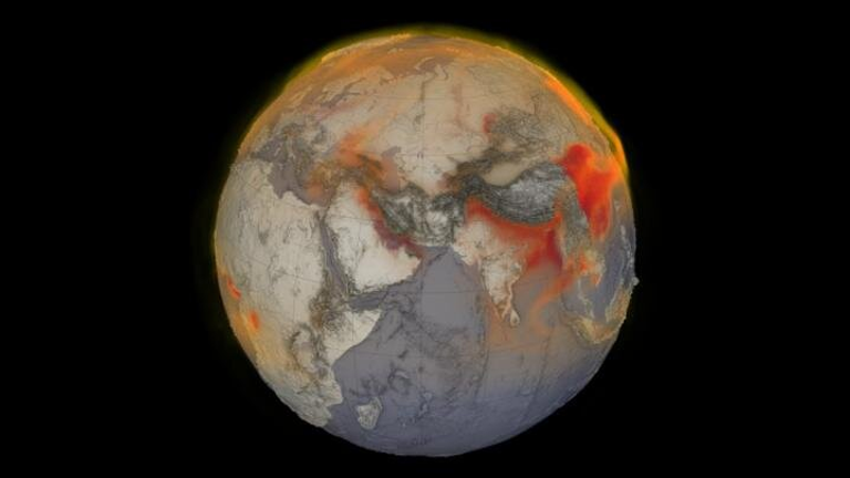 Une visualisation du méthane global le 26 janvier 2018. Le rouge montre les zones avec des concentrations plus élevées de méthane dans l'atmosphère.  Crédit: Cindy Starr, Kel Elkins, Greg Shirah et Trent L. Schindler, NASA Scientific Visualization Studio