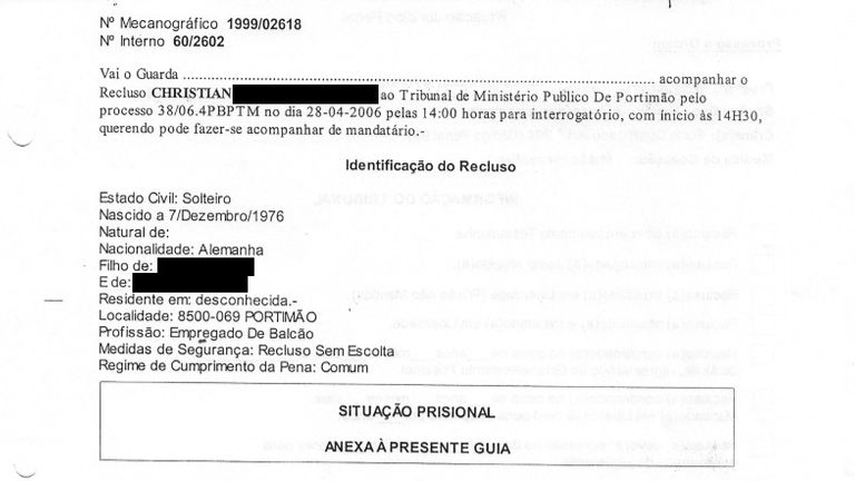 Document expurgé concernant Christian B, le principal suspect de la disparition de Madeleine McCann
