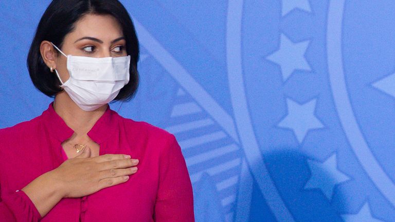 Michelle Bolsonaro, épouse du président du Brésil Jair Bolsonaro, lors du lancement de la Campagne des femmes rurales au milieu de la pandémie de coronavirus (COVID-19) au Palacio do Planalto le 29 juillet 2020 à Brasilia