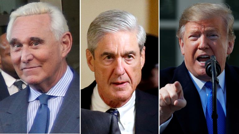 De gauche à droite: Roger Stone, Robert Mueller et Donald Trump