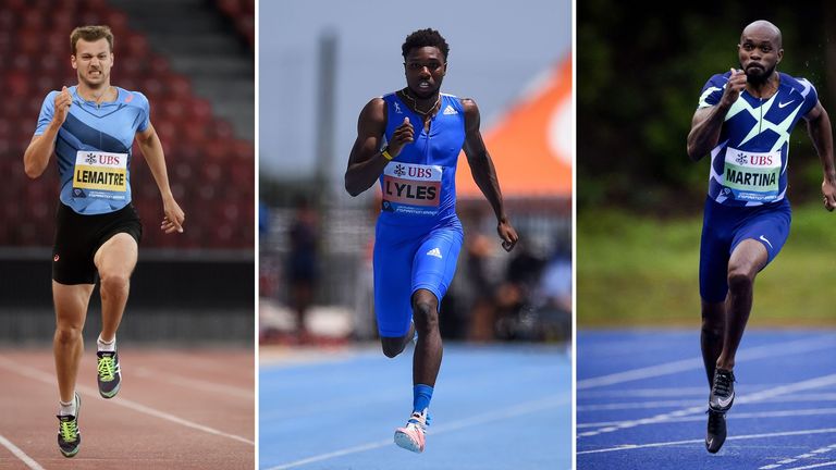 (LR) Christophe Lemaitre, Noah Lyles et et Churandy Martina en course sur 200 mètres aux Inspiration Games, qui se sont déroulés à distance dans différents pays