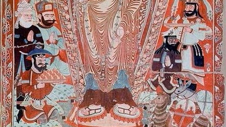 Une scène dans les grottes de Bezeklik au Xinjiang du 9ème siècle montrant des personnes de nombreuses origines
