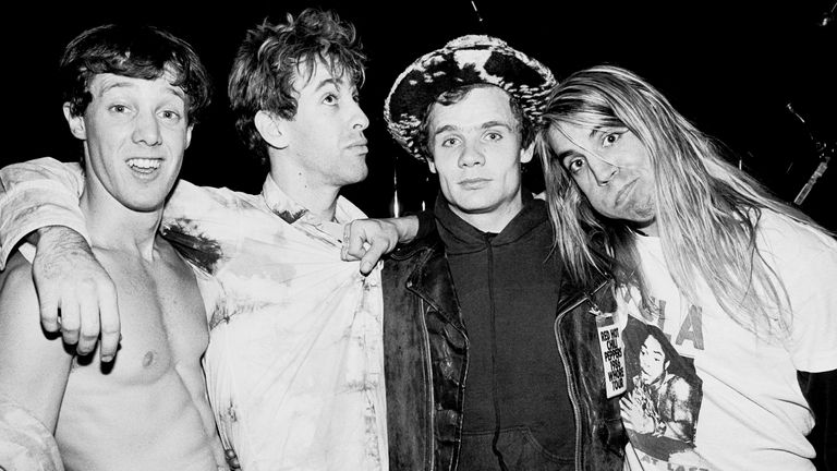 Les Red Hot Chili Peppers en décembre 1986 à New York: (LR) Jack Irons, Hillel Slovakia, Flea et Anthony Kiedis 