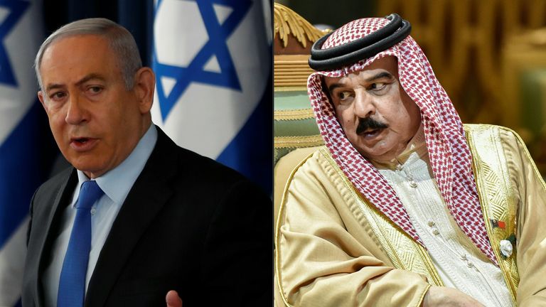 Benjamin Netanyahu d'Israël et Salman bin Hamad Al Khalifa de Bahreïn.  Image de fichier