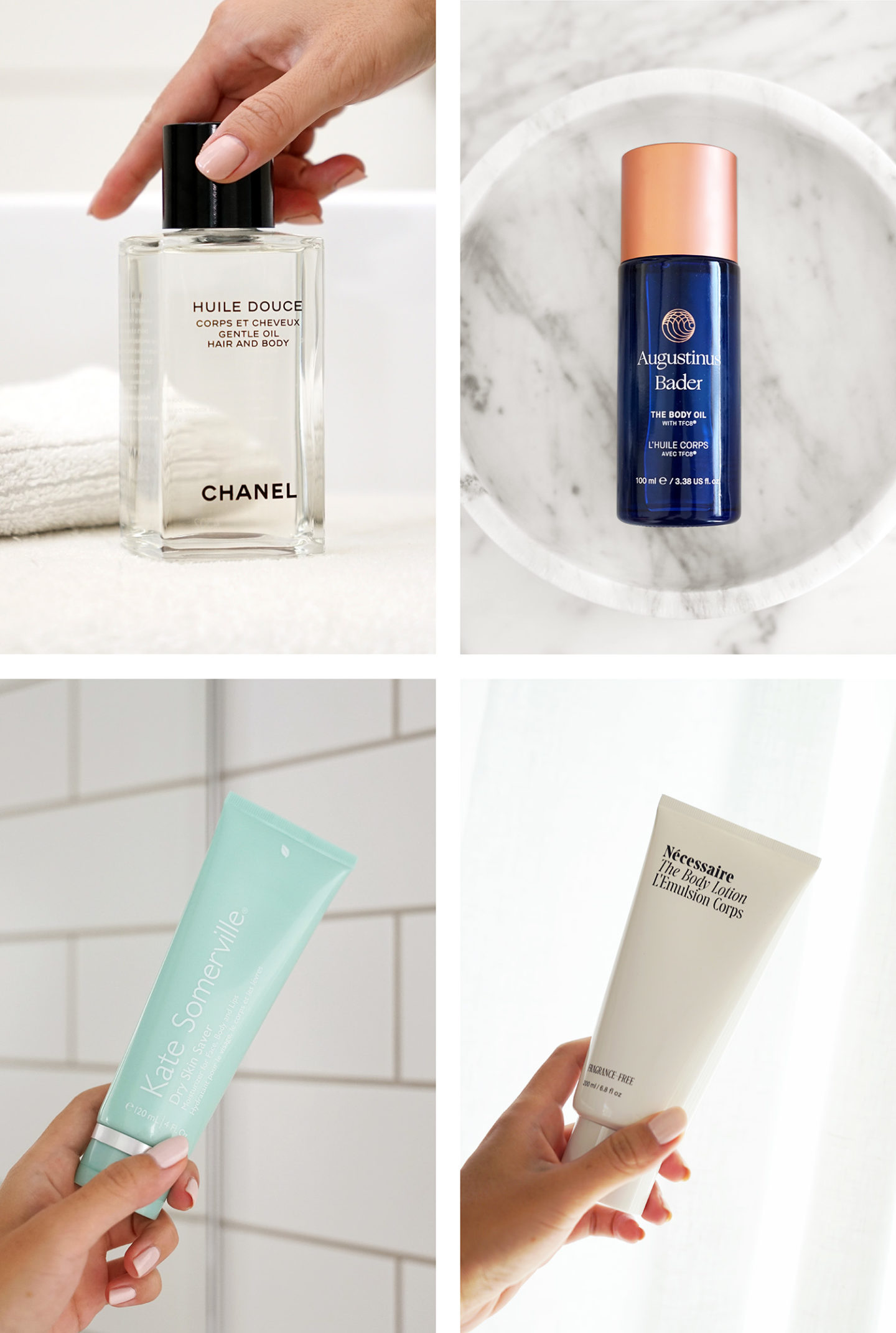Meilleure huile et lotion pour le corps Chanel, Augustinus Bader, Kate Somerville, Necessaire
